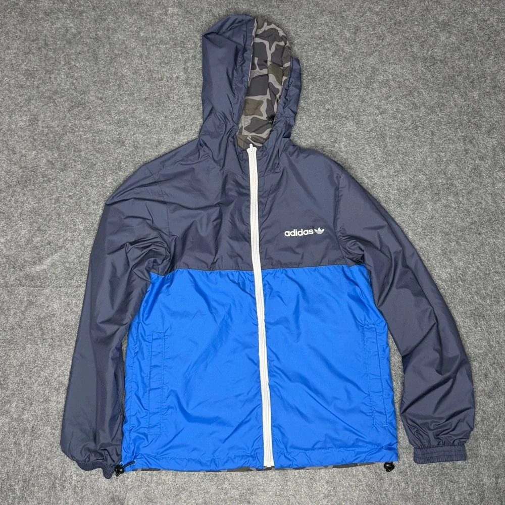 Adidas Reversible Windbreaker Jacket Mens Camo‎ Yard Look Blue Hooded Full Zip